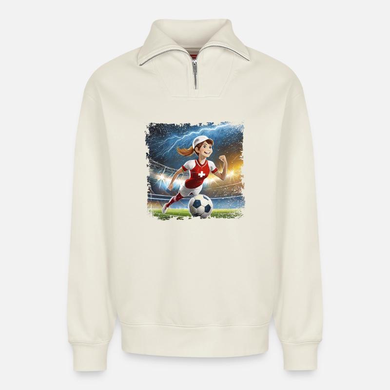 Fussballerin Comicfigur Stadion mit Blitzen - Relaxed Unisex Organic Half Zip Sweatshirt – von SPREAD - Naturweiß