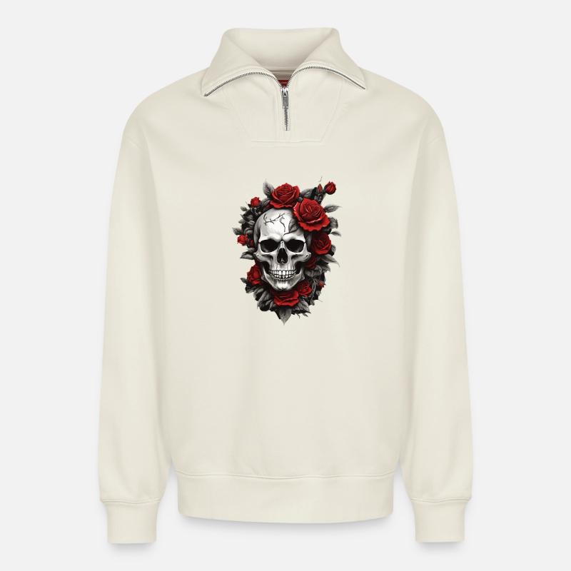 Skull with red roses - Relaxed Unisex Organic Half Zip Sweatshirt – by SPREAD - off white