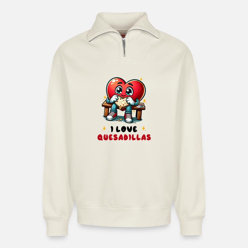 J'aime les Quesadillas Mexico - Sweat unisexe décontracté en coton biologique à demi-zip – de SPREAD - blanc cassé