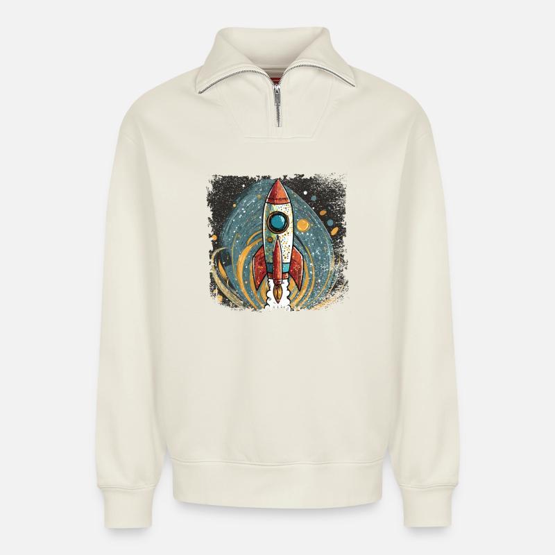 Rakete mit stylischem Design - Relaxed Unisex Organic Half Zip Sweatshirt – von SPREAD - Naturweiß