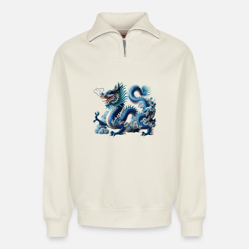 Blauer Drachen im Wolkenfluss - Relaxed Unisex Organic Half Zip Sweatshirt – von SPREAD - Naturweiß