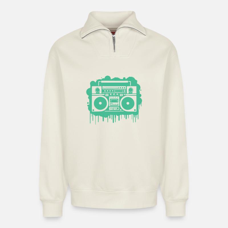Cyan Ghettoblaster (durchsichtig) - Relaxed Unisex Organic Half Zip Sweatshirt – von SPREAD - Naturweiß