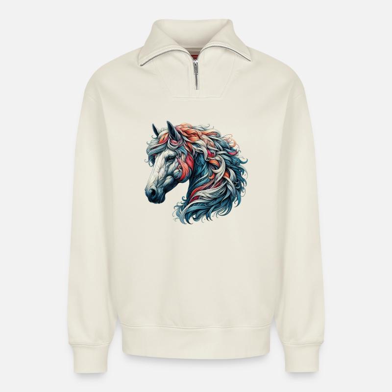 Cheval - Sweat unisexe décontracté en coton biologique à demi-zip – de SPREAD - blanc cassé