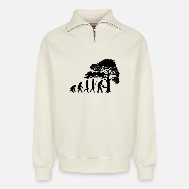 Lumberjack Tree Evolution Saw Sawdust - Relaxed Unisex Organic Half Zip Sweatshirt – by SPREAD - off white