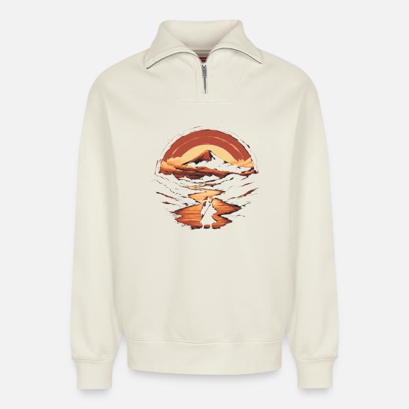 Samurai und der Berg Fuji - Relaxed Unisex Organic Half Zip Sweatshirt – von SPREAD - Naturweiß