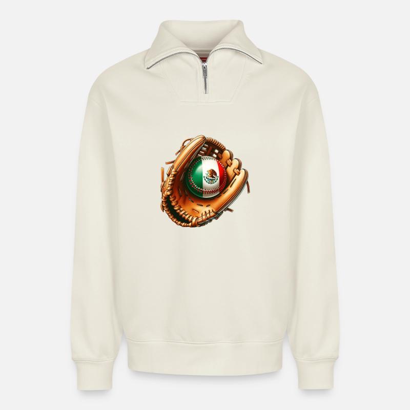 Mexiko Flagge Baseball Design - Relaxed Unisex Organic Half Zip Sweatshirt – von SPREAD - Naturweiß
