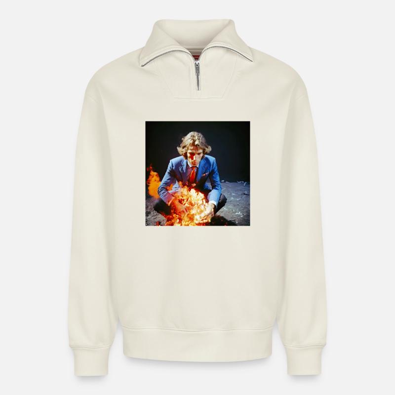 Der Burning Man 02 - Relaxed Unisex Organic Half Zip Sweatshirt – von SPREAD - Naturweiß