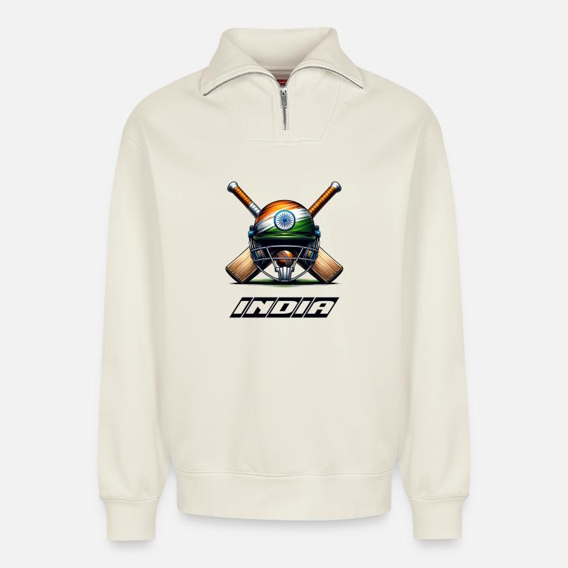Indien Elefanten Cricket Helm Design - Relaxed Unisex Organic Half Zip Sweatshirt – von SPREAD - Naturweiß