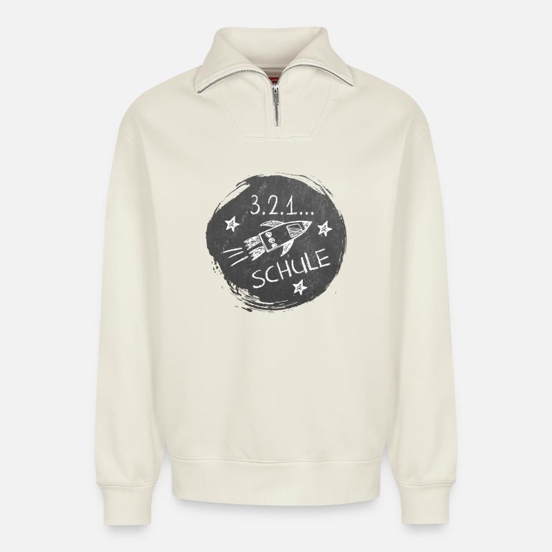 Schulstart - 3-2-1-Schule | Rakete Tafeloptik - Relaxed Unisex Organic Half Zip Sweatshirt – von SPREAD - Naturweiß