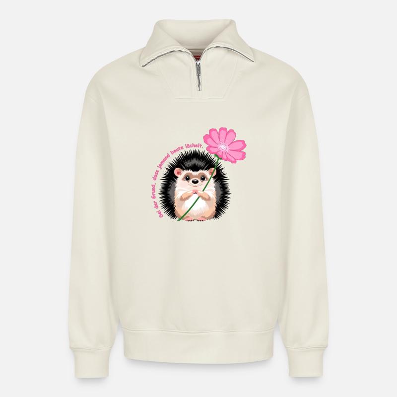 motiv_igel_text - Relaxed Unisex Organic Half Zip Sweatshirt – von SPREAD - Naturweiß