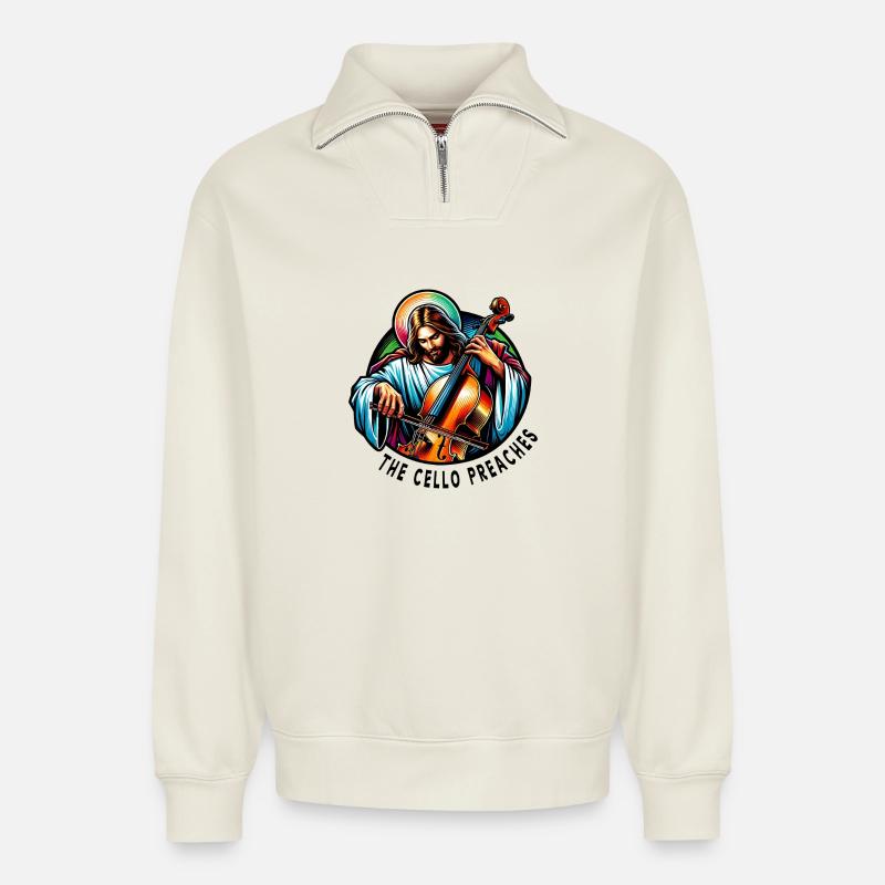 Le violoncelle prêche Jésus-Christ - Sweat unisexe décontracté en coton biologique à demi-zip – de SPREAD - blanc cassé