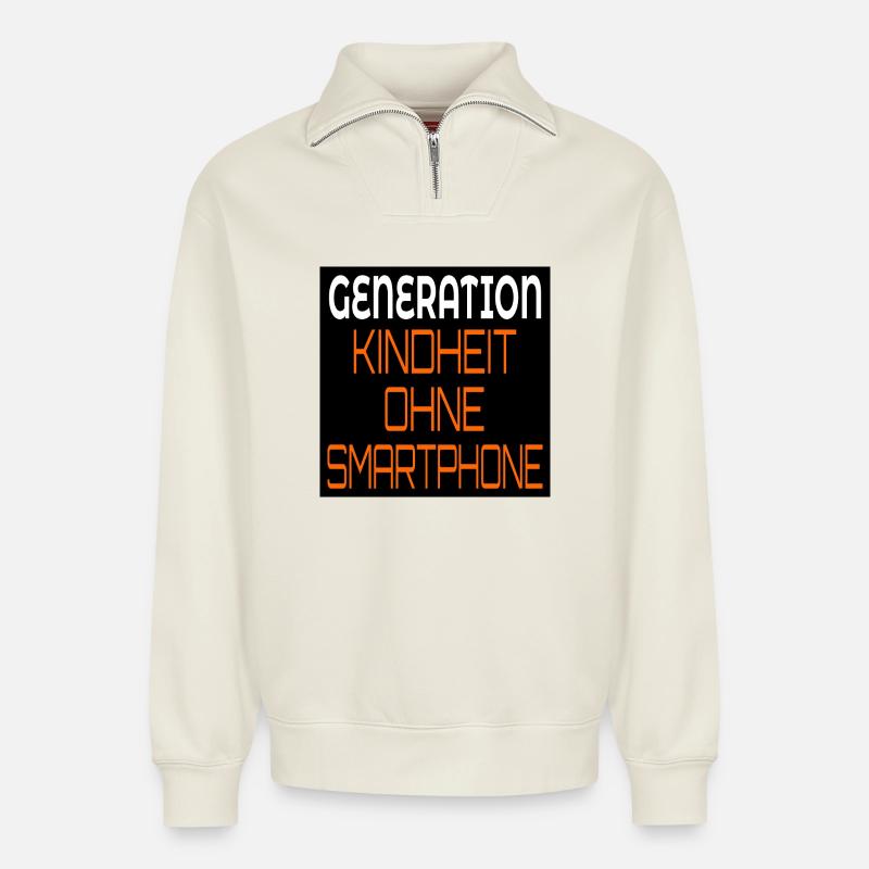 GENERATION KINDHEIT OHNE SMARTPHONE - Relaxed Unisex Organic Half Zip Sweatshirt – von SPREAD - Naturweiß