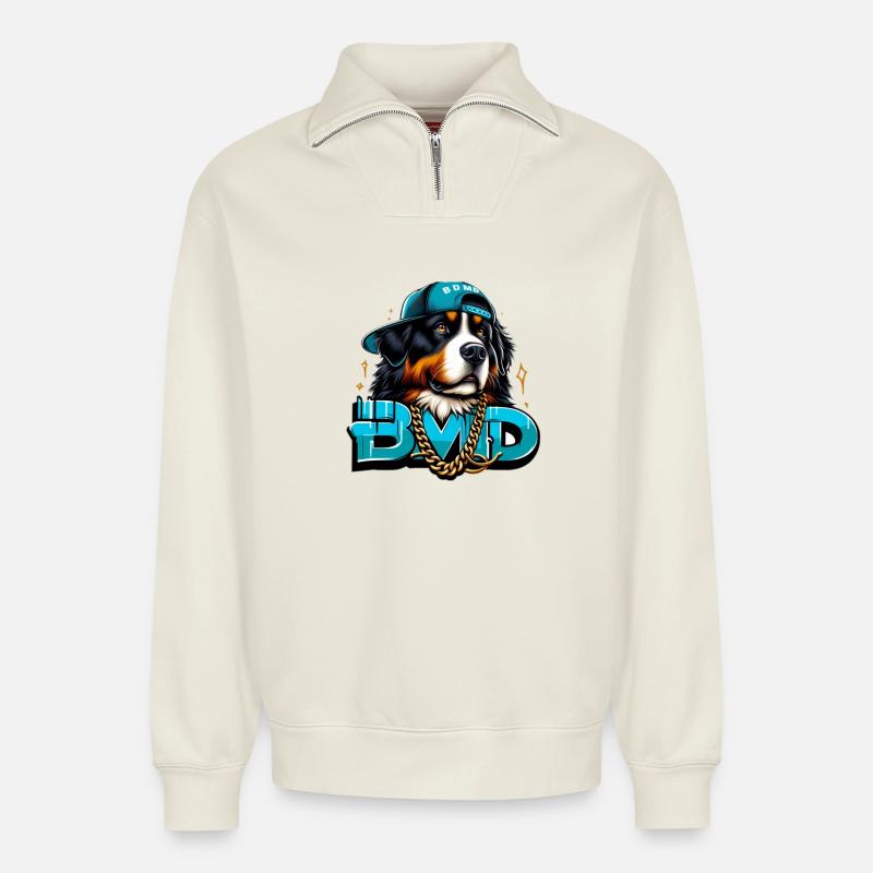 Bouvier bernois - Sweat unisexe décontracté en coton biologique à demi-zip – de SPREAD - blanc cassé