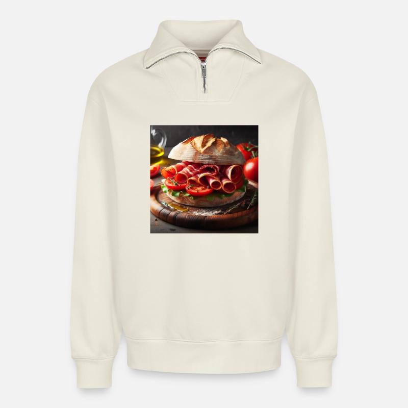 Serrano-Schinken-Tomaten-Sandwich - Relaxed Unisex Organic Half Zip Sweatshirt – von SPREAD - Naturweiß