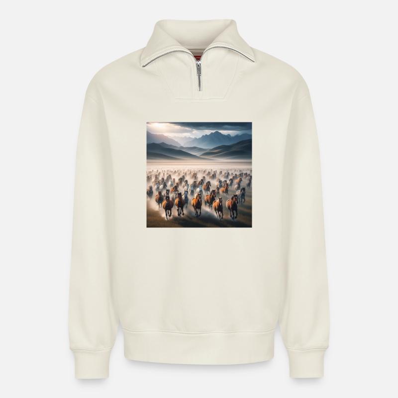 Wildpferde - Relaxed Unisex Organic Half Zip Sweatshirt – von SPREAD - Naturweiß