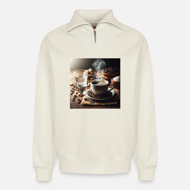 Tasse Kaffee - Relaxed Unisex Organic Half Zip Sweatshirt – von SPREAD - Naturweiß