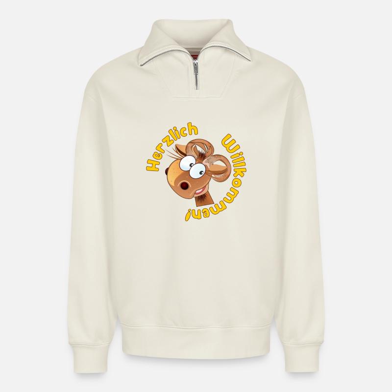 Herzlich Willkommen - Widder Schafe - Relaxed Unisex Organic Half Zip Sweatshirt – von SPREAD - Naturweiß