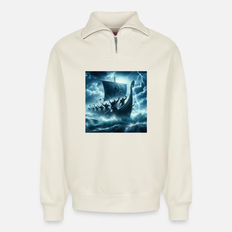 Wikingerschiff - Relaxed Unisex Organic Half Zip Sweatshirt – von SPREAD - Naturweiß