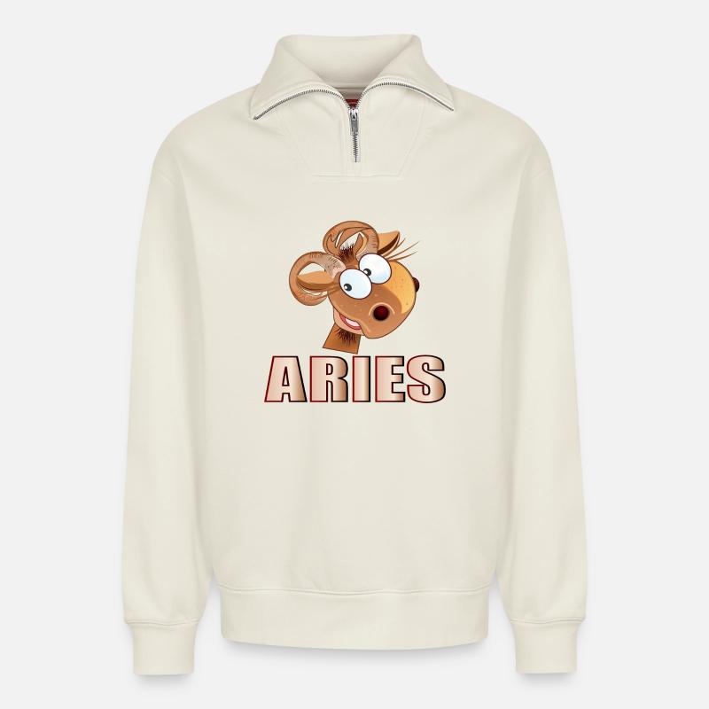 WIDDER STERNZEICHEN MÄRZ APRIL - Relaxed Unisex Organic Half Zip Sweatshirt – von SPREAD - Naturweiß