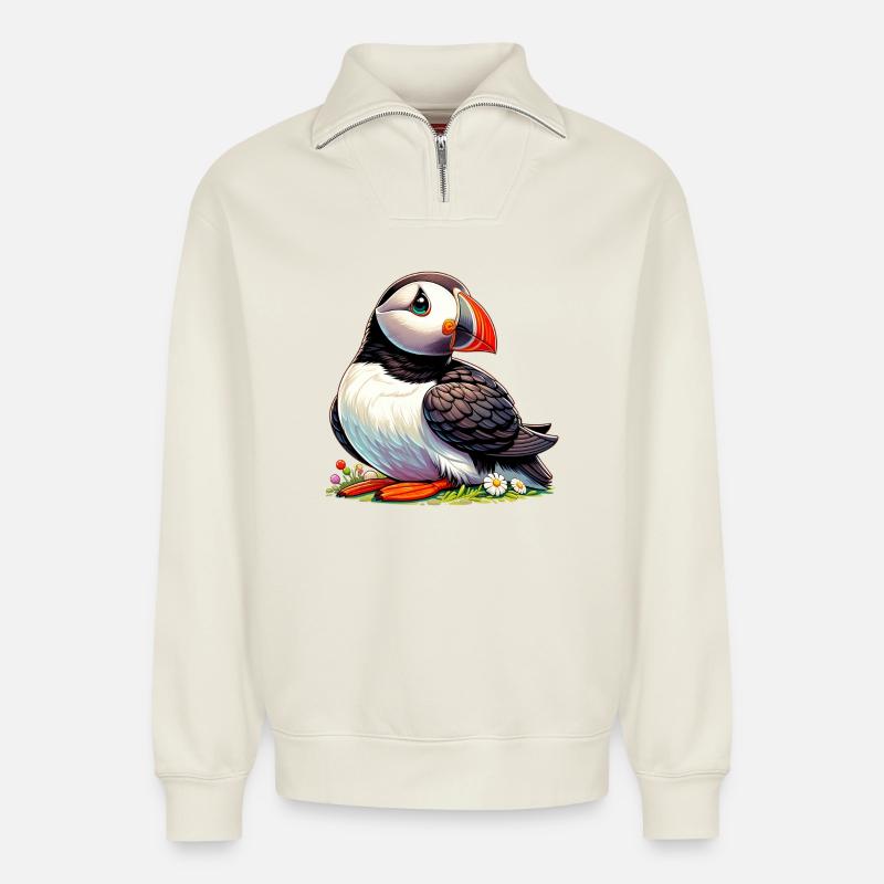 Papageitaucher - Relaxed Unisex Organic Half Zip Sweatshirt – von SPREAD - Naturweiß