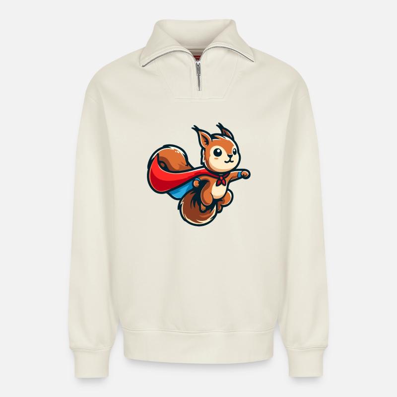 Squirrel: The Nutty Defender - Relaxed Unisex Organic Half Zip Sweatshirt – by SPREAD - off white
