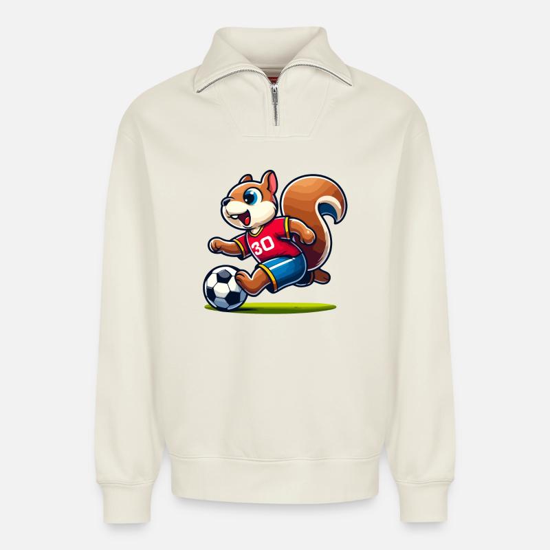 Scamper Striker: The Soccer Squirrel - Relaxed Unisex Organic Half Zip Sweatshirt – by SPREAD - off white