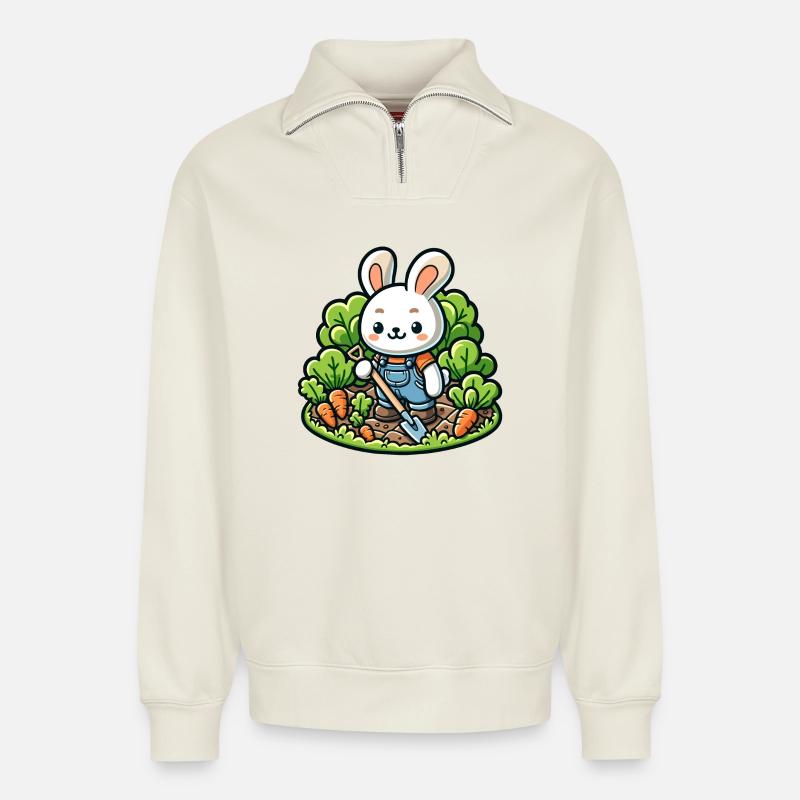 Erntetrichter: Der Gartenhase - Relaxed Unisex Organic Half Zip Sweatshirt – von SPREAD - Naturweiß