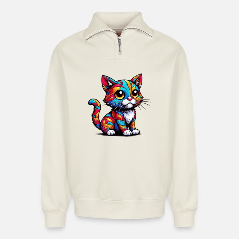 Katze - Relaxed Unisex Organic Half Zip Sweatshirt – von SPREAD - Naturweiß