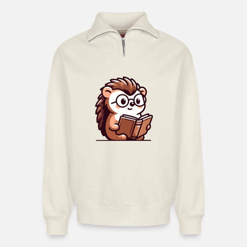 Bookish Hedgehog: The Tiny Scholar - Relaxed Unisex Organic Half Zip Sweatshirt – by SPREAD - off white