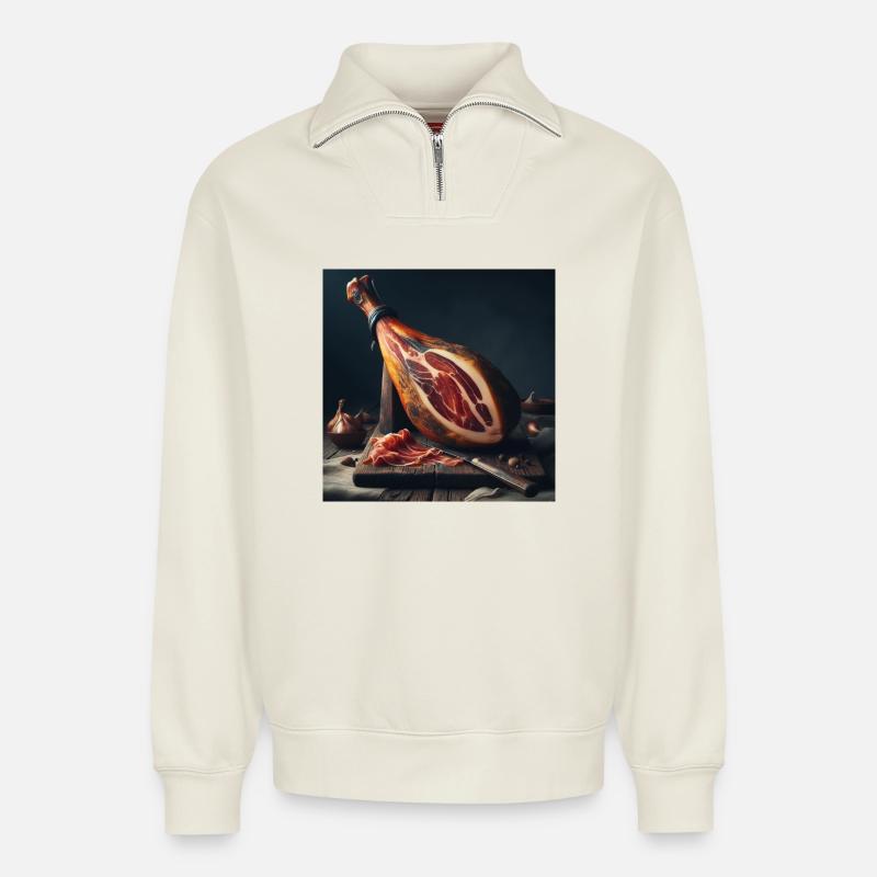 Cuisse de jambon serrano - Sweat unisexe décontracté en coton biologique à demi-zip – de SPREAD - blanc cassé