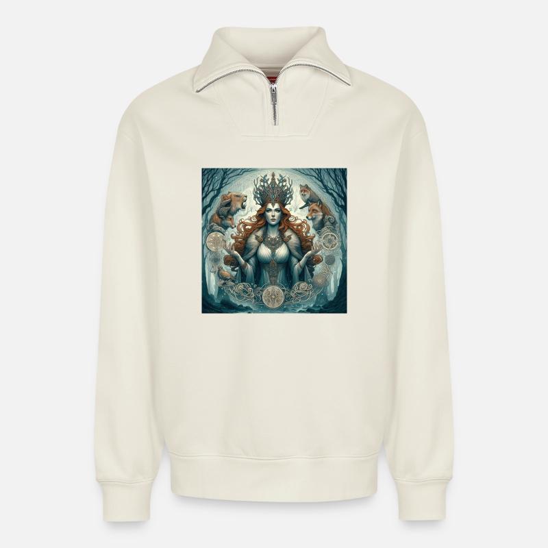Déesse celtique - Sweat unisexe décontracté en coton biologique à demi-zip – de SPREAD - blanc cassé