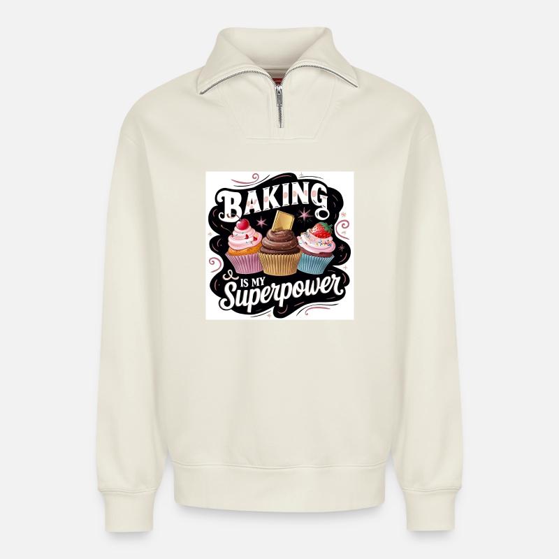 Bäcker-Superpower-Design - Relaxed Unisex Organic Half Zip Sweatshirt – von SPREAD - Naturweiß