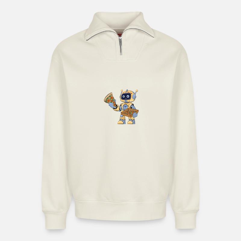 Roboter isst Pizza - Relaxed Unisex Organic Half Zip Sweatshirt – von SPREAD - Naturweiß