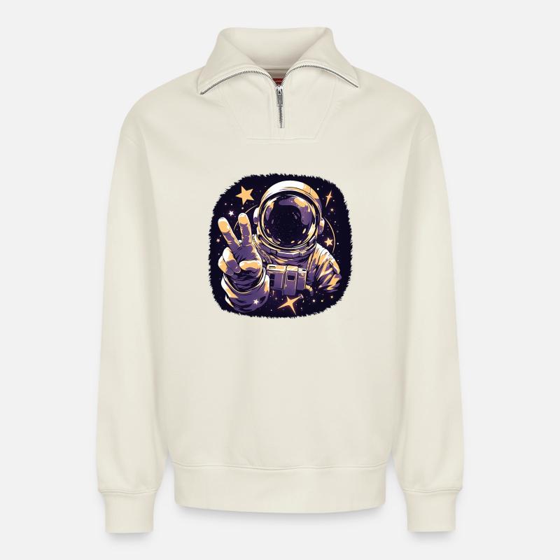 Astronaute cool - Sweat unisexe décontracté en coton biologique à demi-zip – de SPREAD - blanc cassé