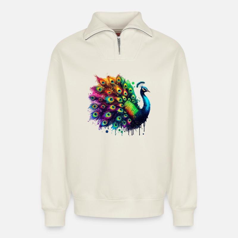 Pfau - Relaxed Unisex Organic Half Zip Sweatshirt – von SPREAD - Naturweiß