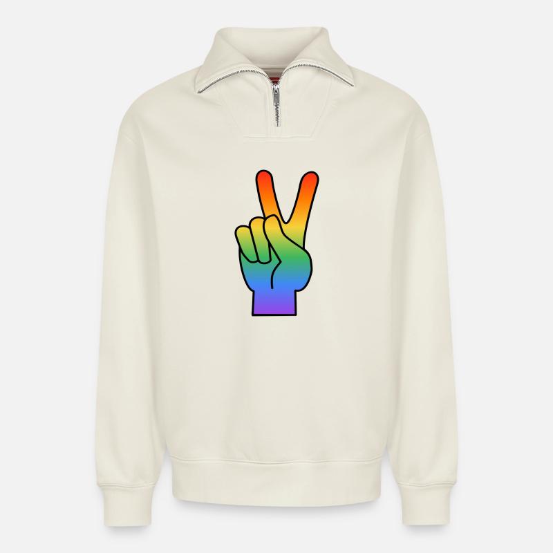 Regenbogen Peace Zeichen - Relaxed Unisex Organic Half Zip Sweatshirt – von SPREAD - Naturweiß