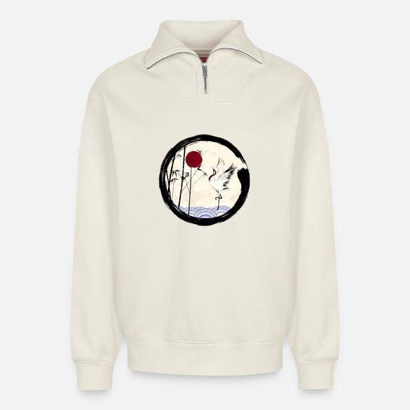 Japanischer Kranich - Relaxed Unisex Organic Half Zip Sweatshirt – von SPREAD - Naturweiß