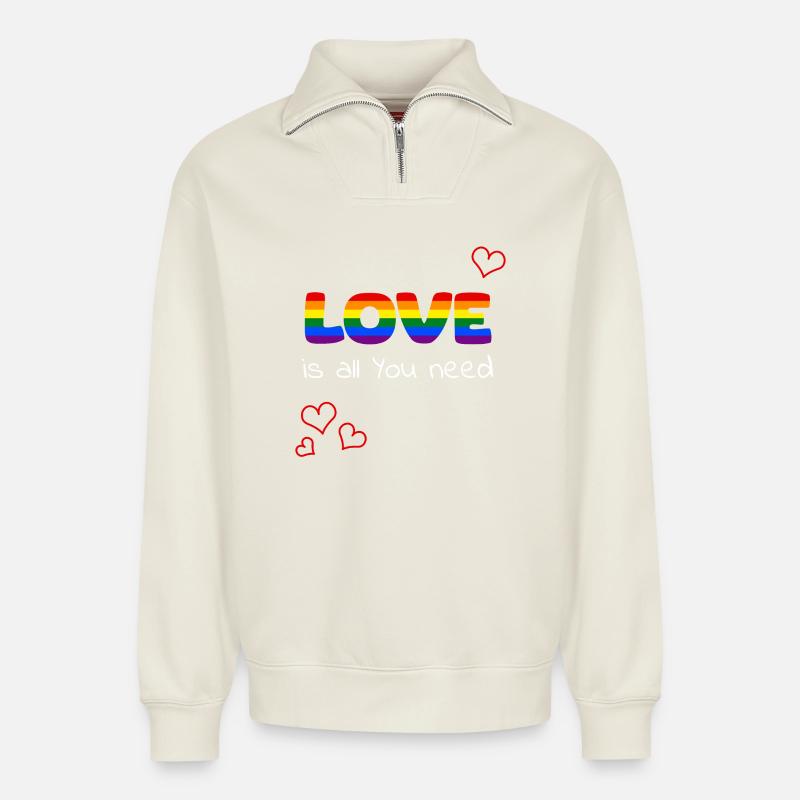 Regenbogenliebe: Love ist alles - Relaxed Unisex Organic Half Zip Sweatshirt – von SPREAD - Naturweiß