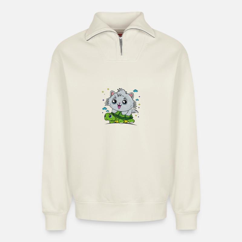 Chat sur tortue - Sweat unisexe décontracté en coton biologique à demi-zip – de SPREAD - blanc cassé