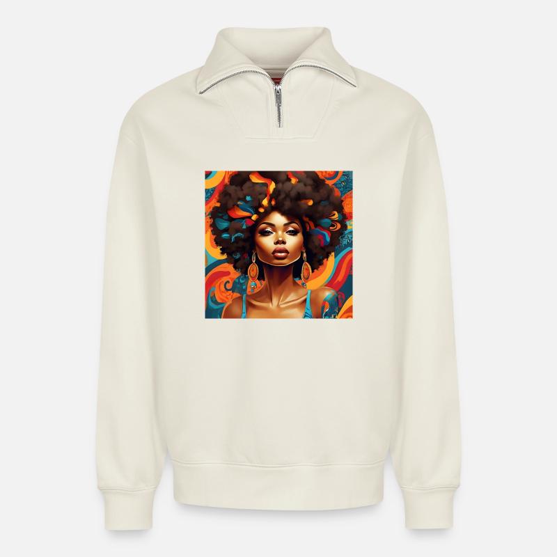 Afro Frisur Floral Explosion - Relaxed Unisex Organic Half Zip Sweatshirt – von SPREAD - Naturweiß