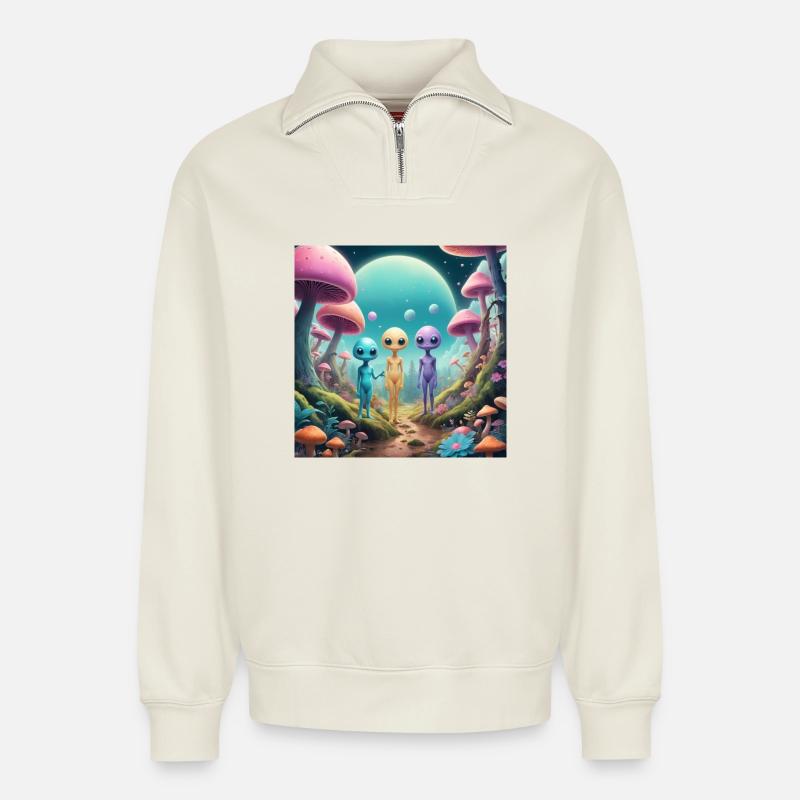 Aliens - Relaxed Unisex Organic Half Zip Sweatshirt – von SPREAD - Naturweiß
