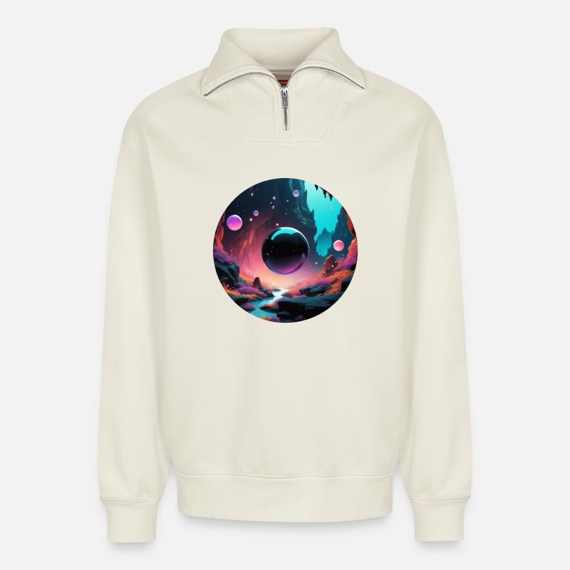 Sphère noire - Sweat unisexe décontracté en coton biologique à demi-zip – de SPREAD - blanc cassé