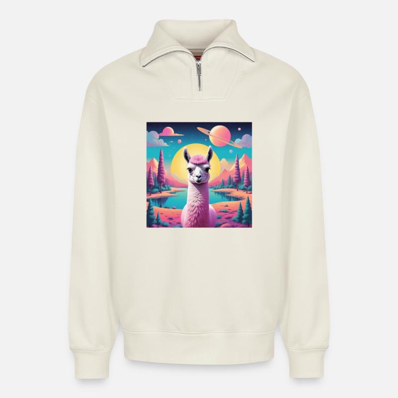Space-Lama - Relaxed Unisex Organic Half Zip Sweatshirt – von SPREAD - Naturweiß