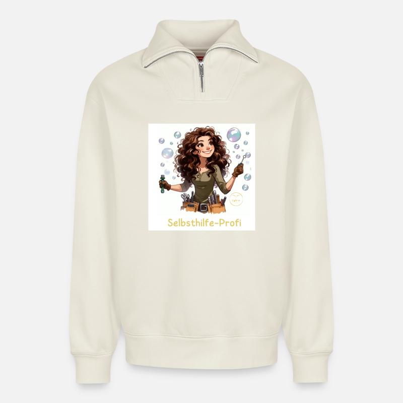 Selbsthilfe-Profi 1.0 - Relaxed Unisex Organic Half Zip Sweatshirt – von SPREAD - Naturweiß