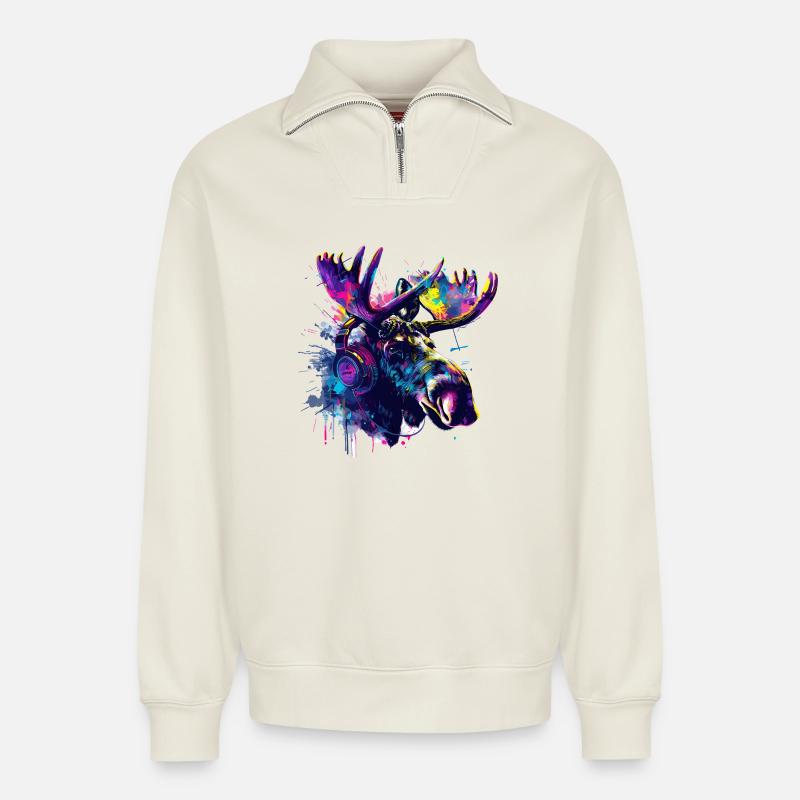 Elch Elche Elchkopf mit Kopfhörer - Relaxed Unisex Organic Half Zip Sweatshirt – von SPREAD - Naturweiß