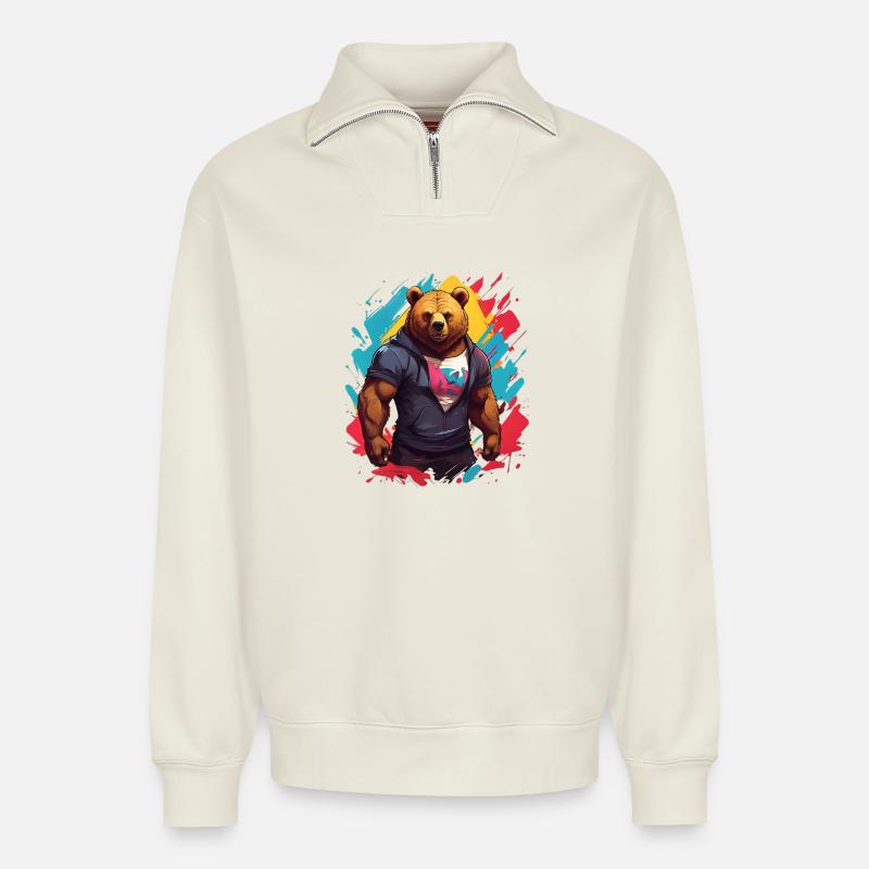 Ours Urbain Cool - Sweat unisexe décontracté en coton biologique à demi-zip – de SPREAD - blanc cassé