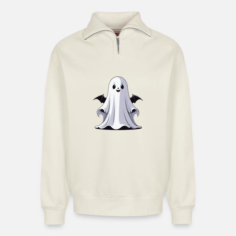 Halloween Ghost - Relaxed Unisex Organic Half Zip Sweatshirt – by SPREAD - off white
