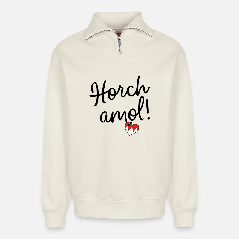 Horch amol! - Relaxed Unisex Organic Half Zip Sweatshirt – von SPREAD - Naturweiß