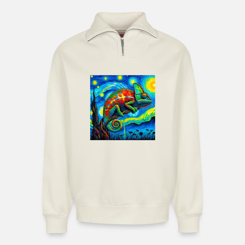 Caméléon - Sweat unisexe décontracté en coton biologique à demi-zip – de SPREAD - blanc cassé