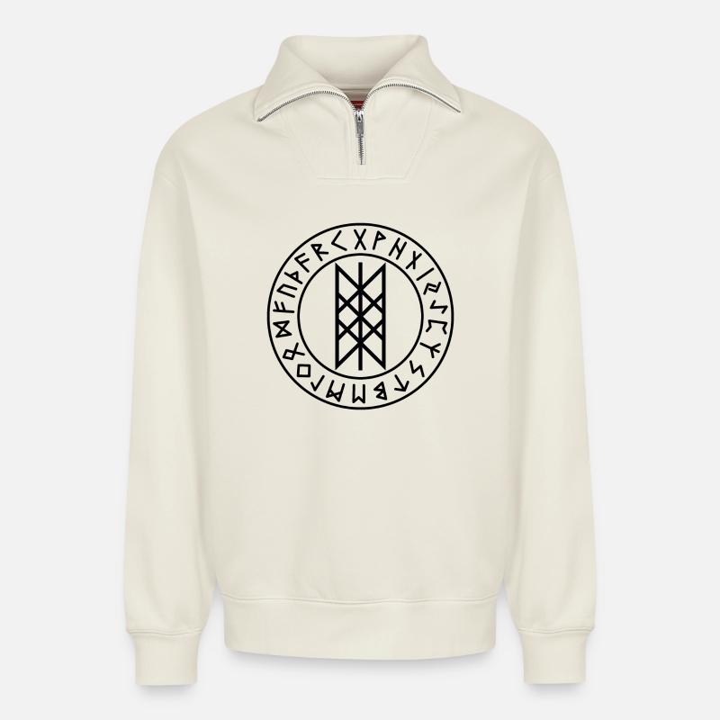 Wyrd schwarzer Runenkreis - Relaxed Unisex Organic Half Zip Sweatshirt – von SPREAD - Naturweiß